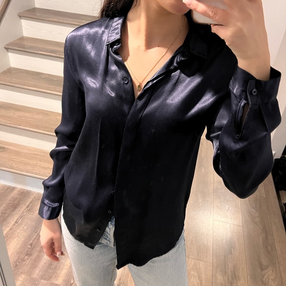 SATIN NAVY BUTTON UP BLOUSE - Picture 3 of 3